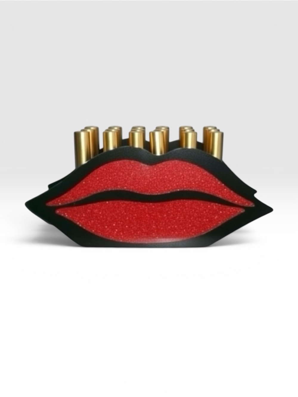 For Her Vanity Red & Black Glitz & Glam Lips Wood Lipstick Holder Organizer